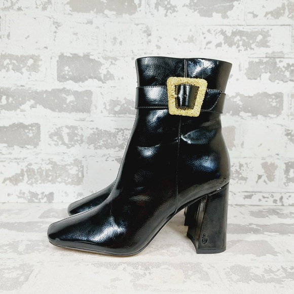 NEW Sam Edelman Corinne Black Square Toe Buckled Strap High Heel Booties C194 - Picture 1 of 13